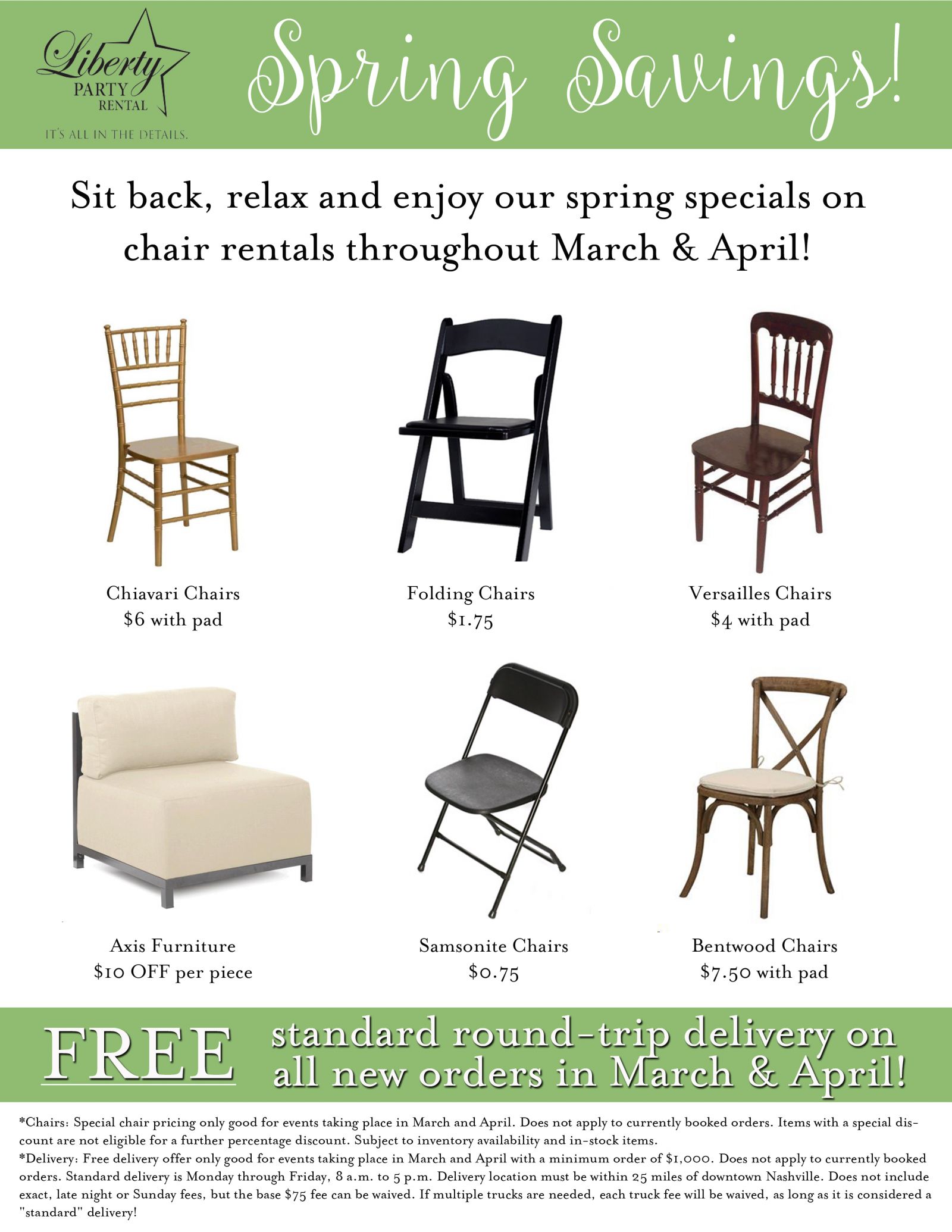 Liberty Party Rental Offers Discounted Chairs + Free Shipping in April