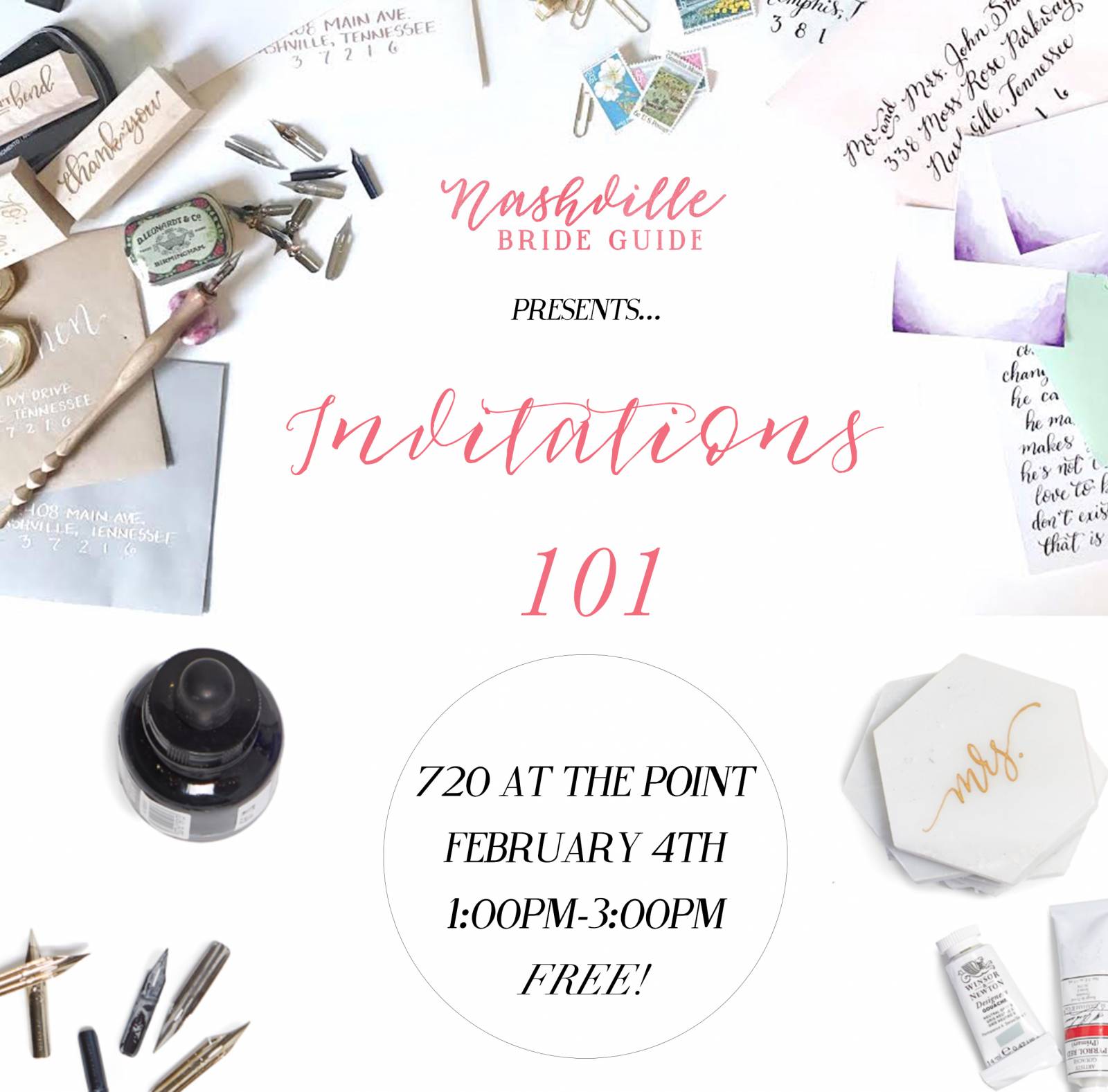 Nashville Bride Guide Presents: Invitations 101 Free Workshop for Brides with Paperkuts Studio, White Ink Calligraphy + Party Place Cards |  Nashville Bridal Shows & Events