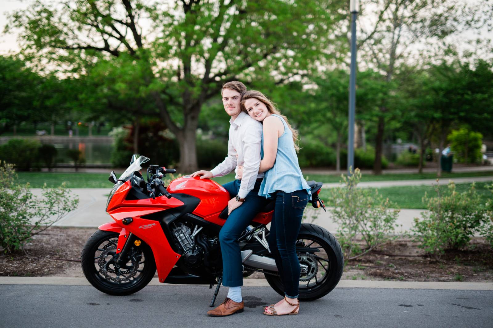 Centennial Park Engagement Session at Sunset with a Red Motorcycle |  Nashville, TN