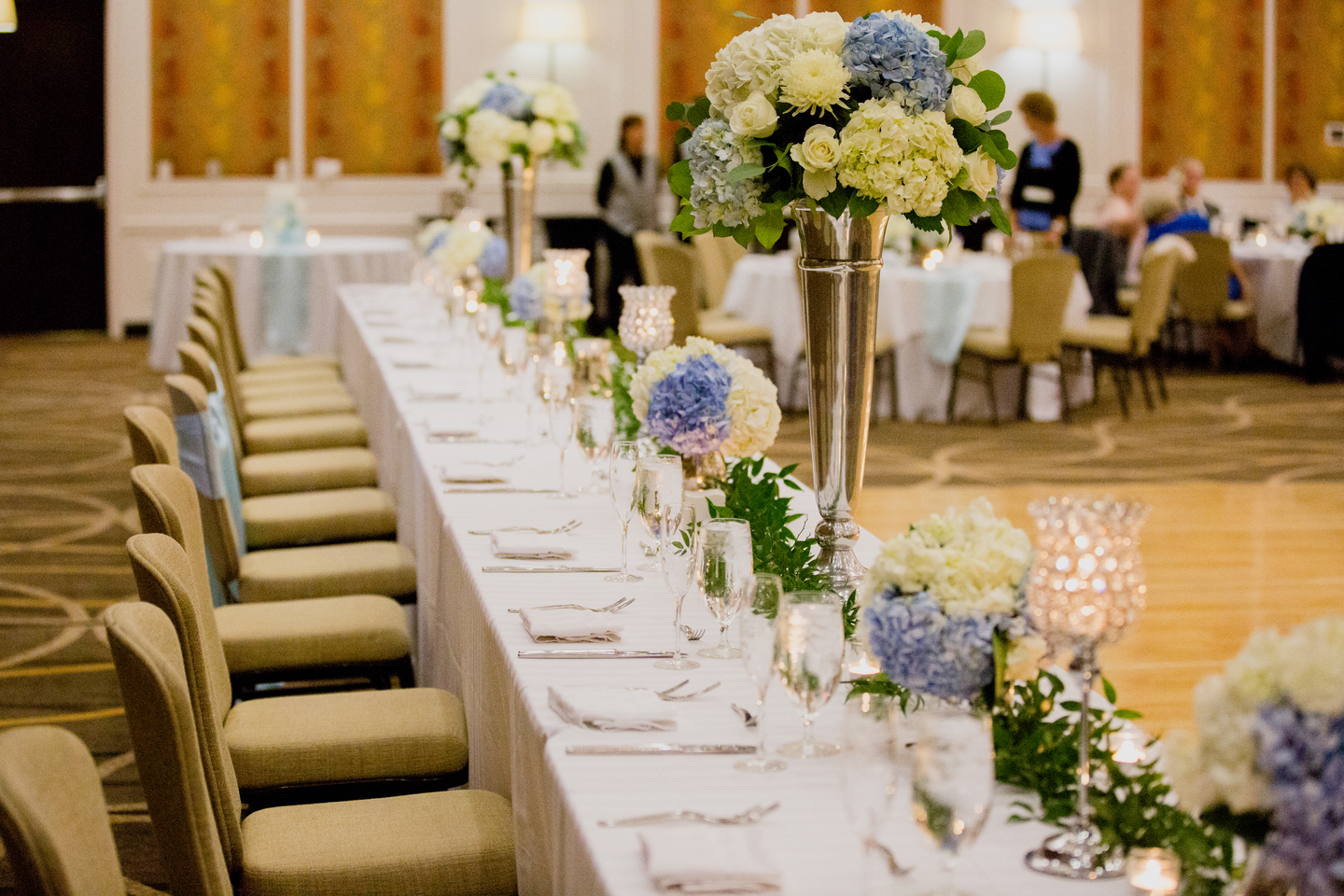 Blue and white wedding table decor: Charming & Fun Hutton Hotel Nashville Wedding 