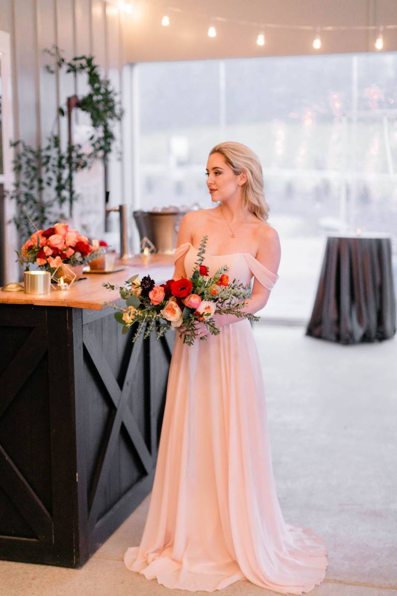 Blush off the shoulder bridesmaid dress: Bella Bridesmaids Dress Color Trend Predictions on Nashville Bride Guide