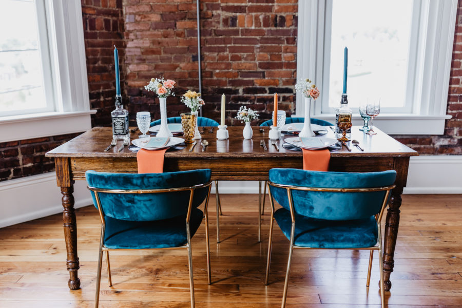 Teal and orange wedding table decor: for Music City Merger styled shoot featured on Nashville Bride Guide