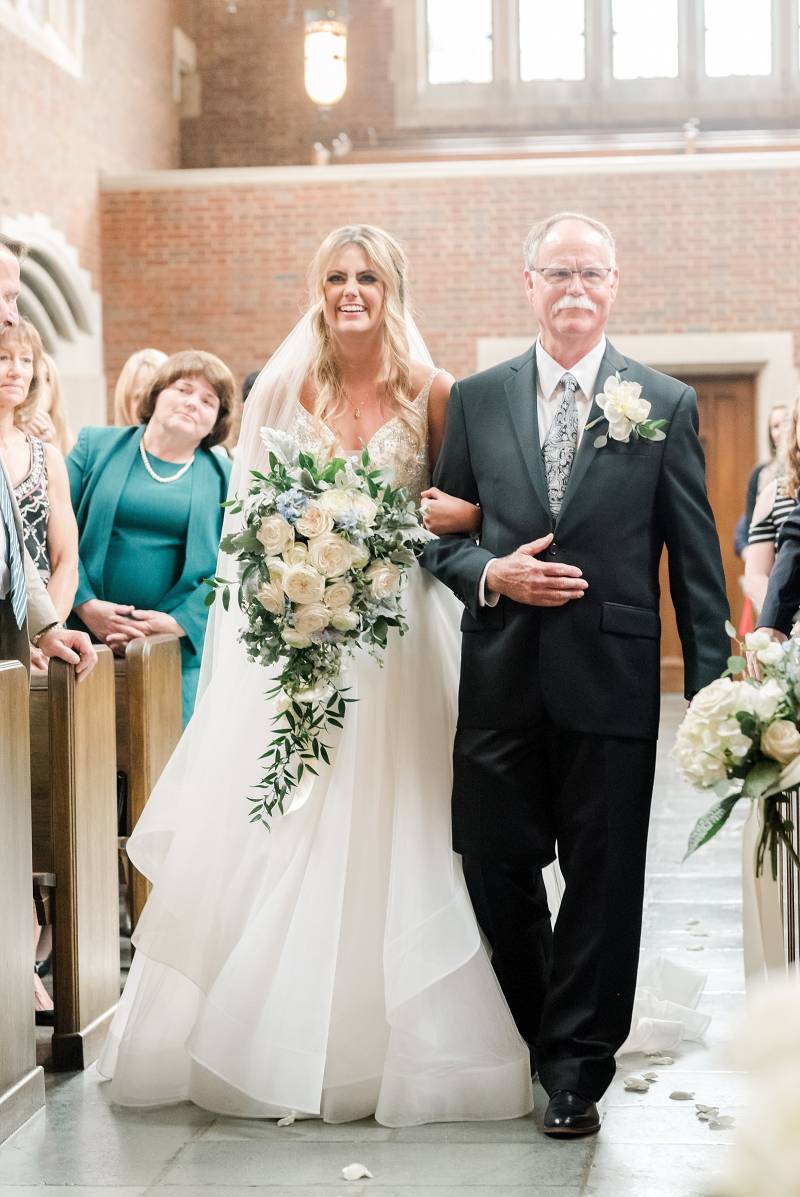 Bride escorted by father down the aisle: Bell Tower Wedding featured on Nashville Bride Guide