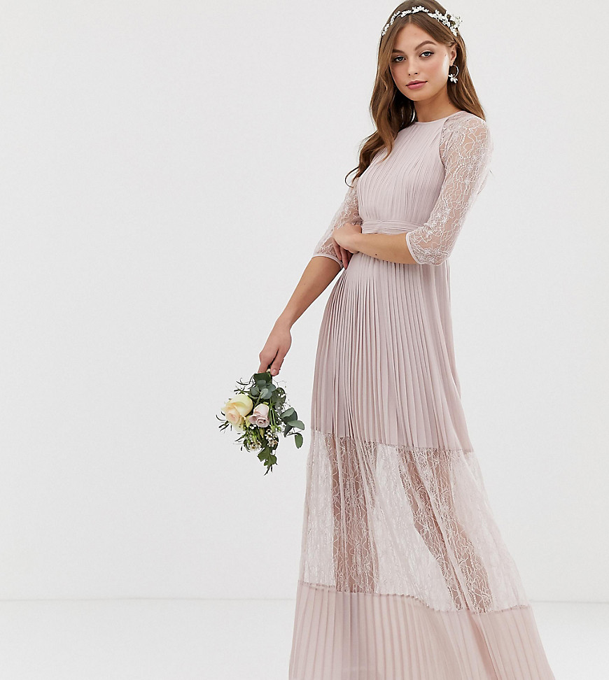 TFNC bridesmaid exclusive pleated maxi dress with lace insert in taupe