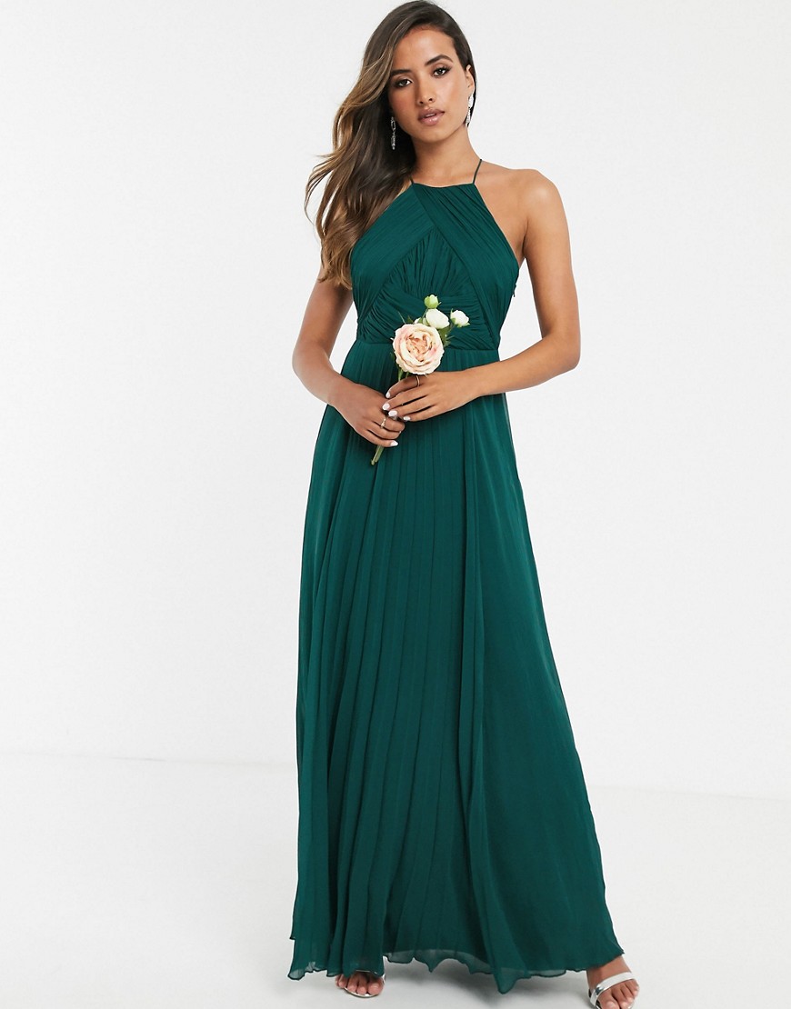 ASOS DESIGN Bridesmaid pinny maxi dress with ruched bodice-Green