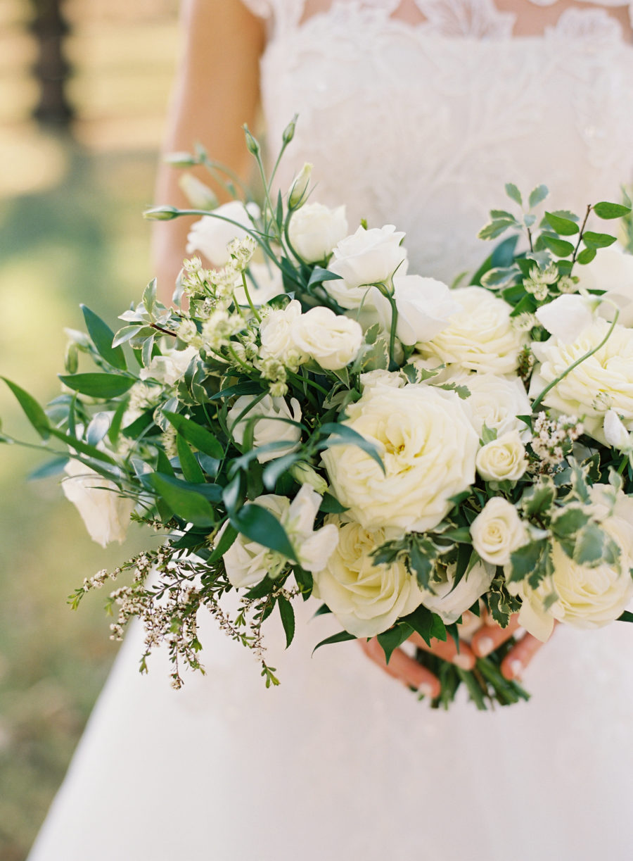 White and greenery wedding bouquet by Wildflowers LLC for fall Nashville wedding
