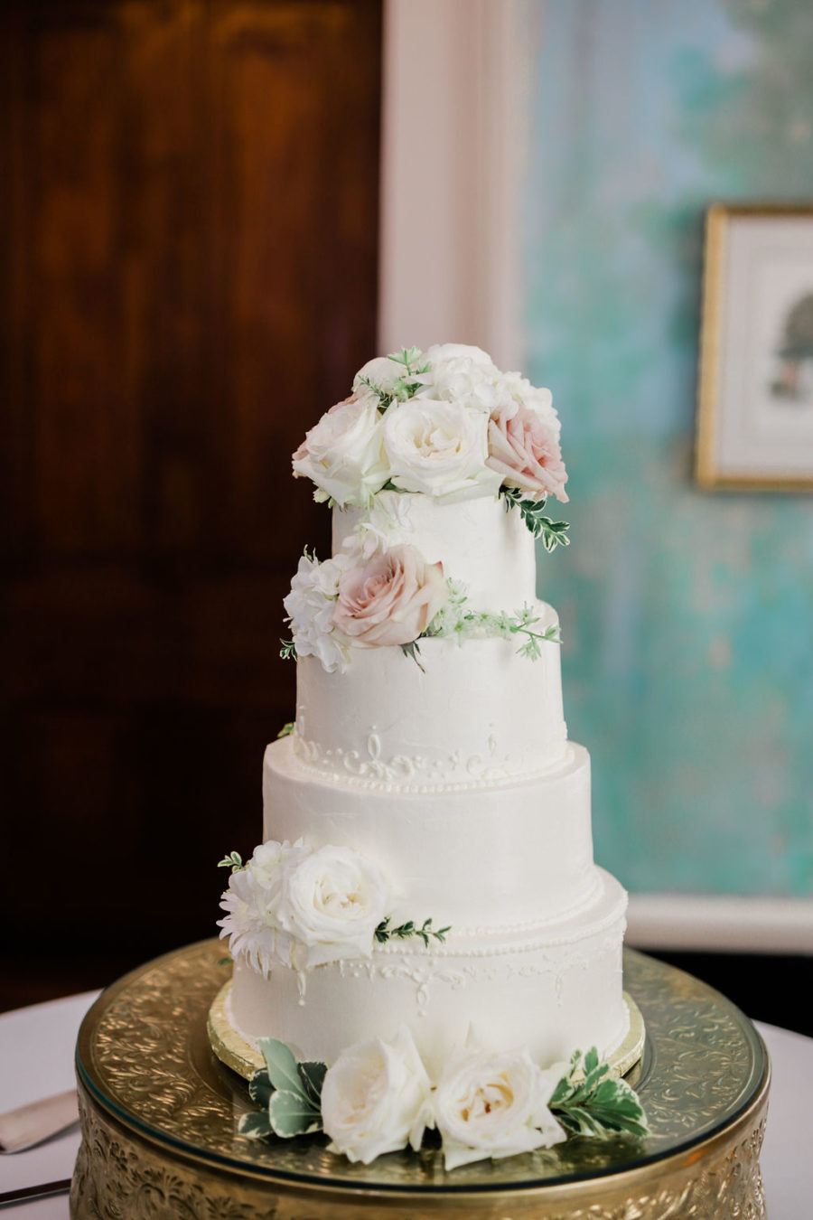 Pink and white wedding cake with flowers: Wedding portrait by Nashville wedding photographer Maria Gloer Photography