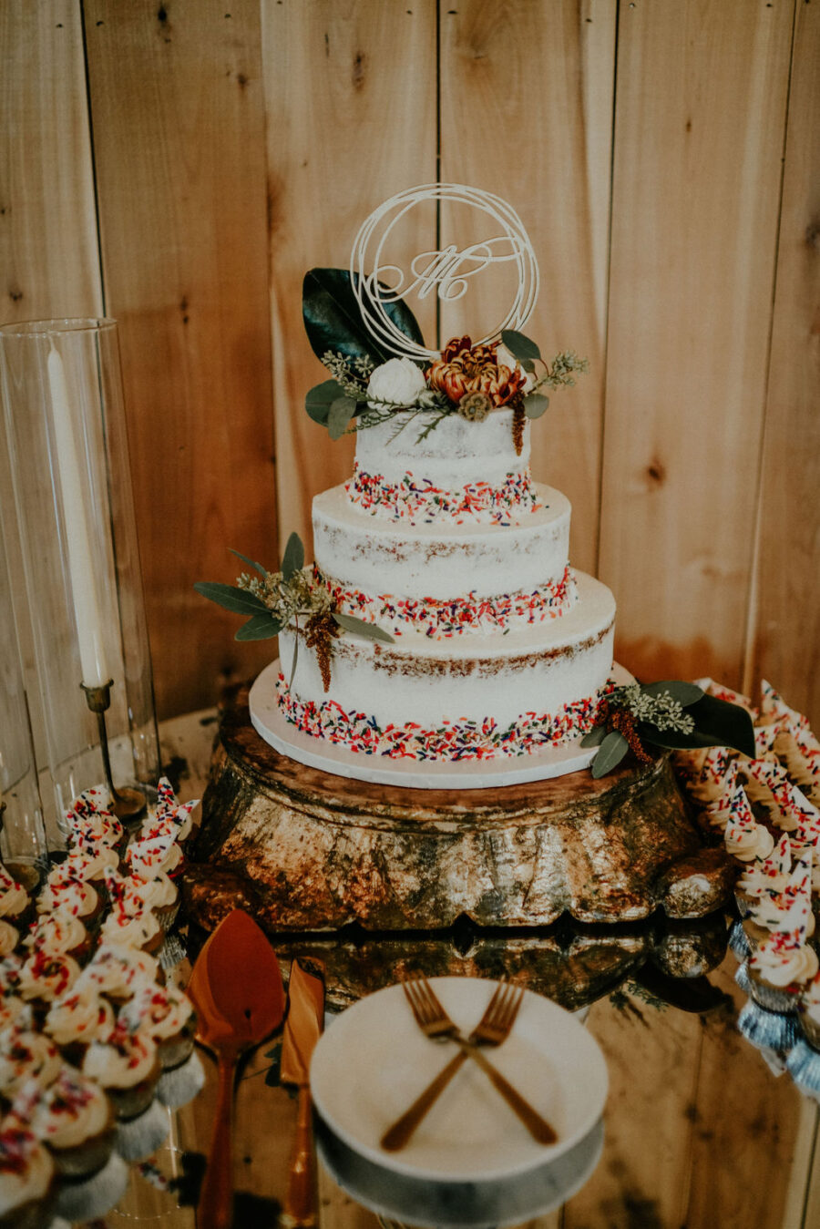 Wedding cake design and dessert table: Boho Barn Wedding by Melissa Marie Floral Designs
