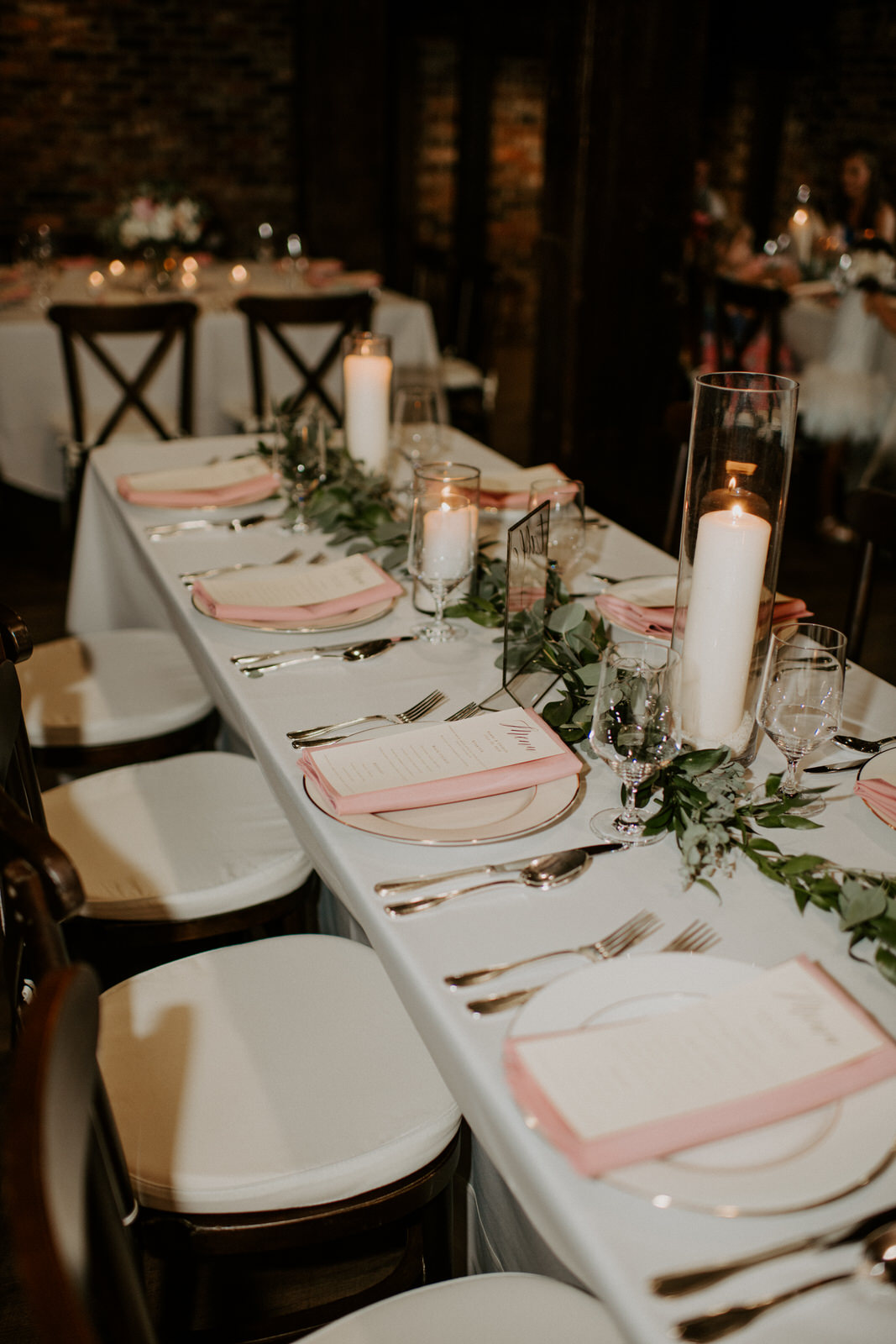 Blush pink and greenery wedding table decor: Romantic Nashville Wedding at The Bedford featured on Nashville Bride Guide