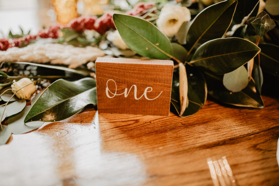 Hand-lettered wood table number: Stunning Fall Styled Shoot at Promise Manor featured on Nashville Bride Guide