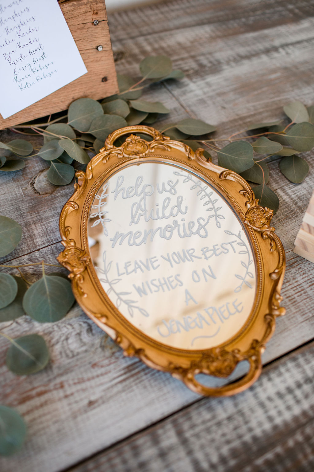 Gold rimmed mirror antique wedding sign: Intimate Barn Wedding from John Myers Photography