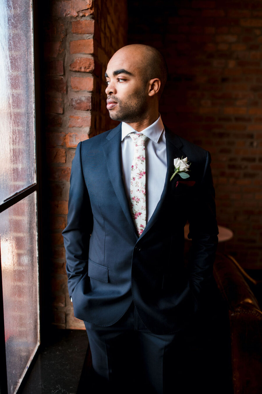 Groom with floral patterned wedding tie: Burgundy and Navy Wedding at Clementine Hall