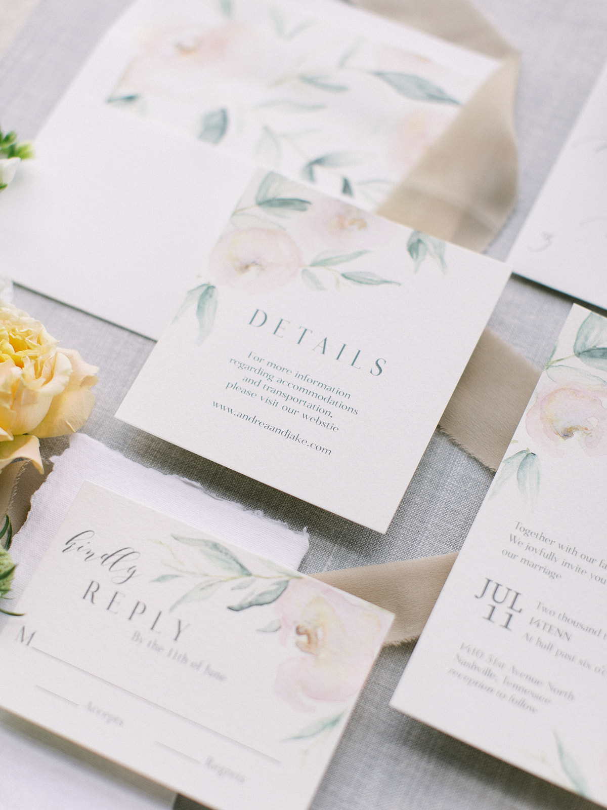 Floral wedding invitation design: Clean & Modern Styled Shoot at 14TENN featured on Nashville Bride Guide