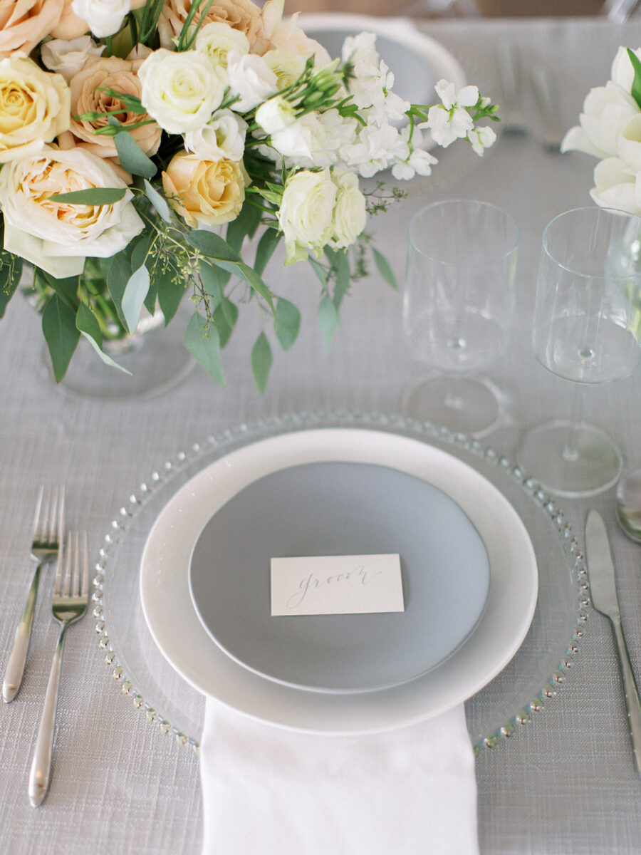 Gray and white wedding table setting: Clean & Modern Styled Shoot at 14TENN featured on Nashville Bride Guide