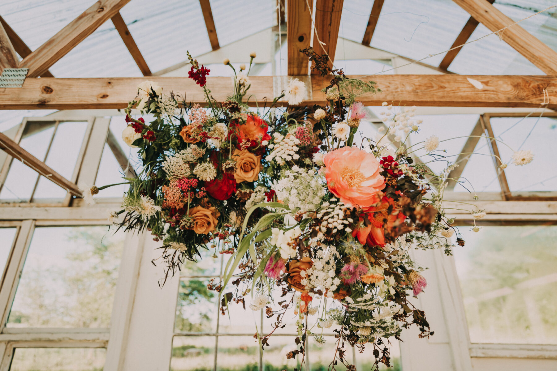 Hanging floral chandelier at wedding ceremony: Flower Farm Styled Shoot by Billie-Shaye Style featured on Nashville Bride Guide