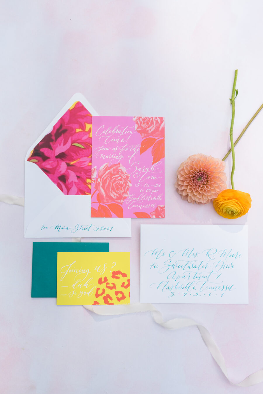 Bright colored wedding invitations by White Ink Calligraphy