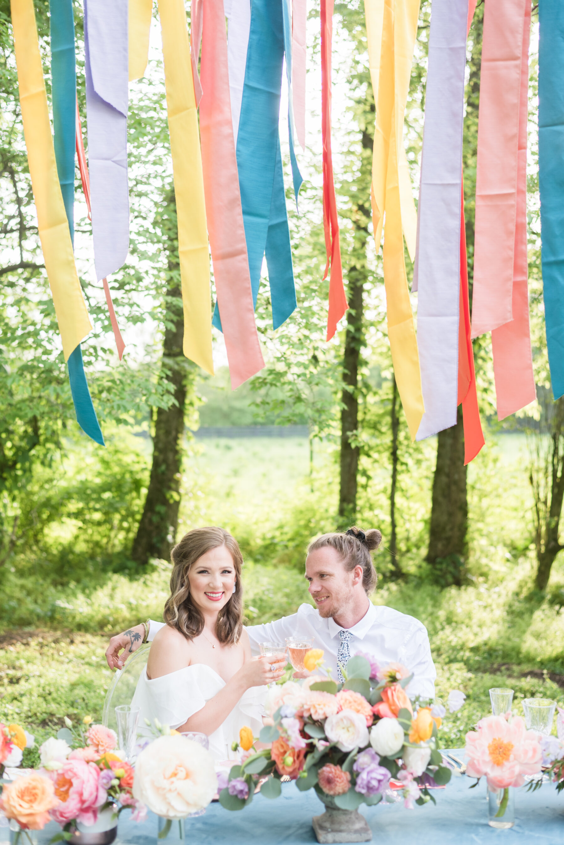 Colorful hanging wedding table decor