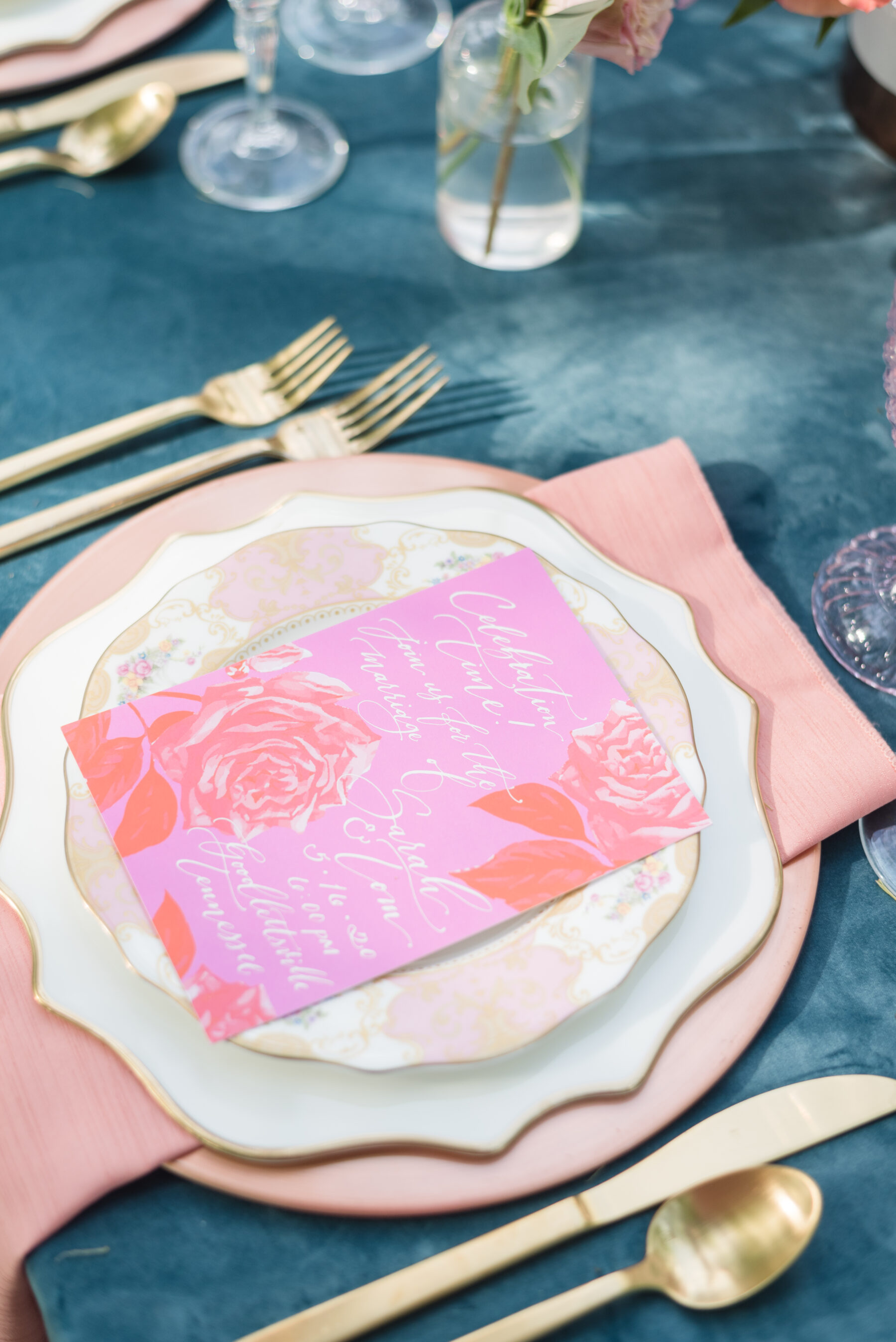 Pink and gold wedding place setting
