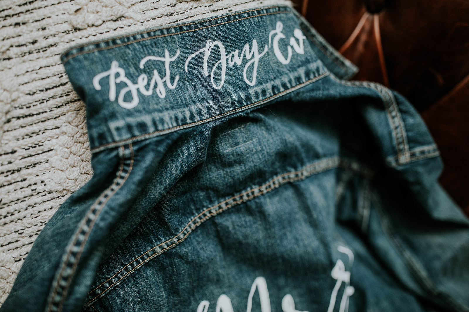 Bridal jean jacket saying "best day ever"