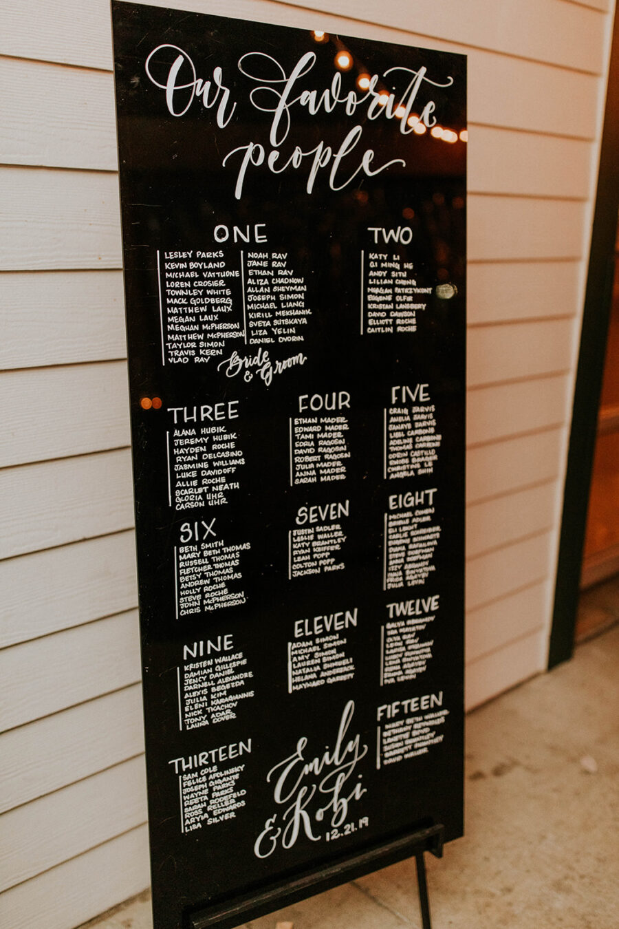 Tall black and white wedding seating display sign