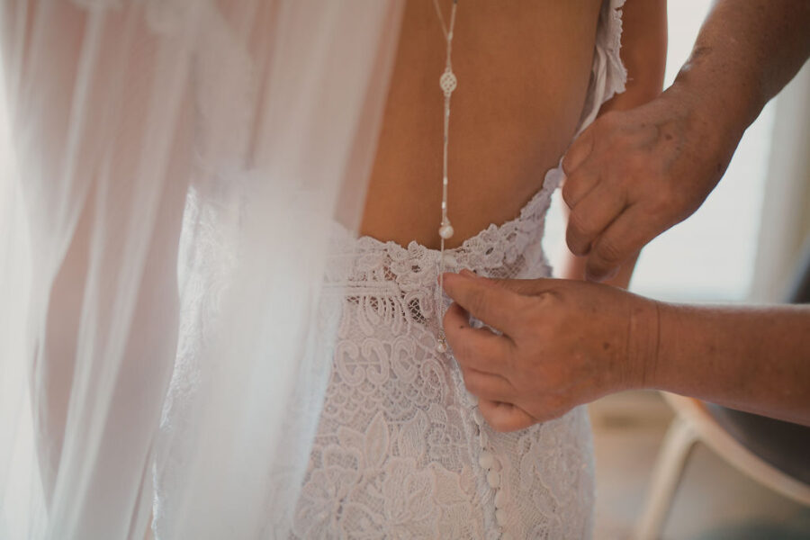 Wedding dress back jewelry detail: Romantic Outdoor Wedding at Reunion Stay