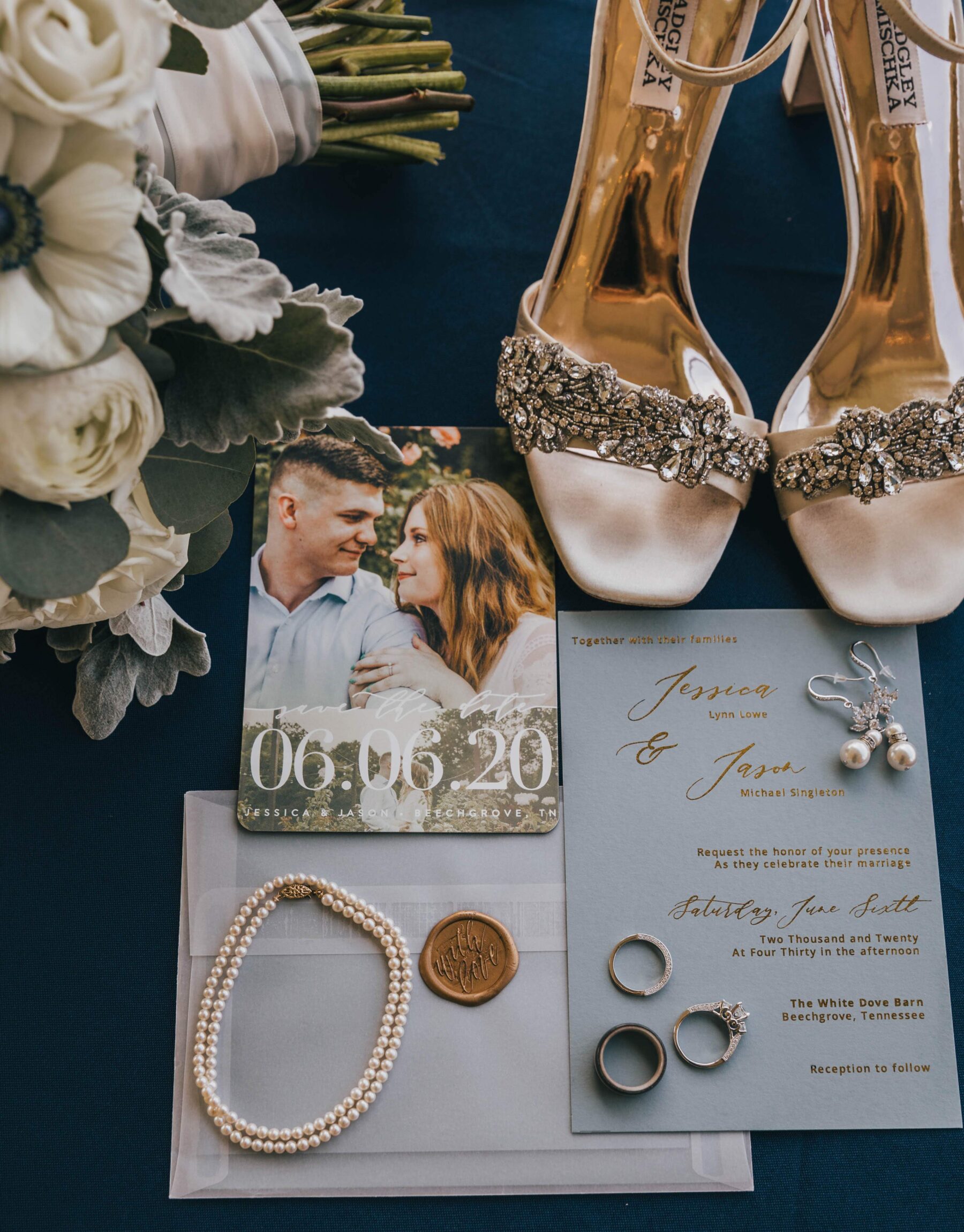 Bridal shoes and wedding invitations: White Dove Barn Wedding by Grace Upon Grace Photography featured on Nashville Bride Guide