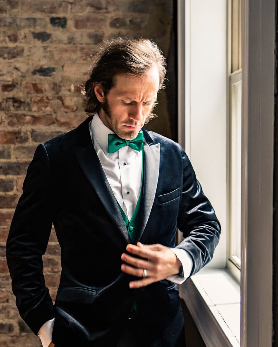 Modern green wedding tuxedo: Travel Inspired Photo Shoot