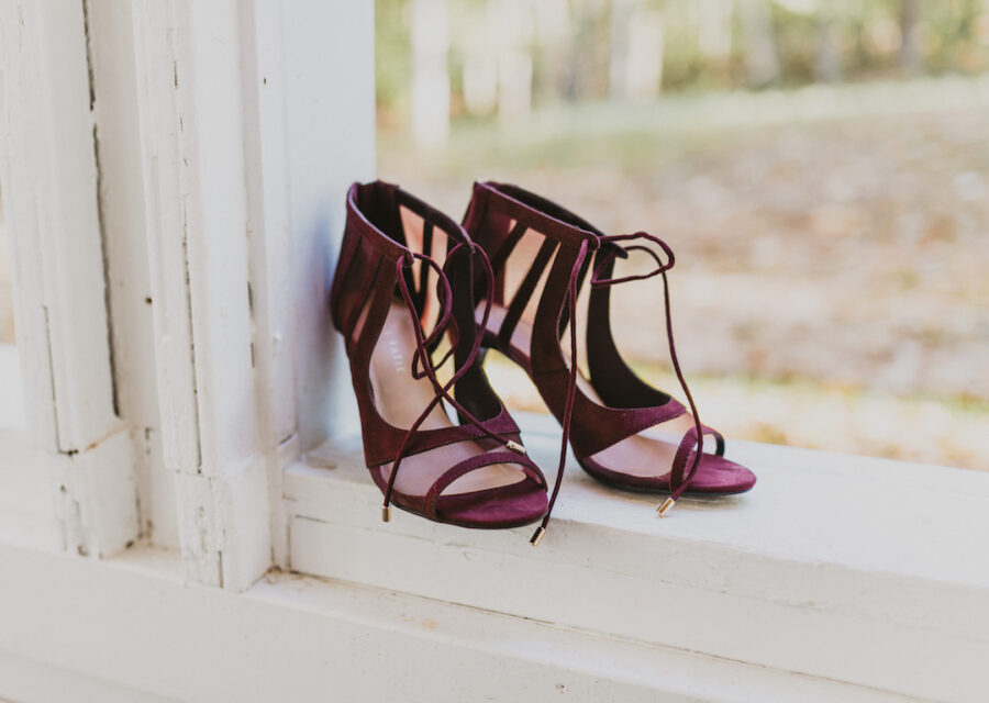 Burgundy open toed bridal shoes