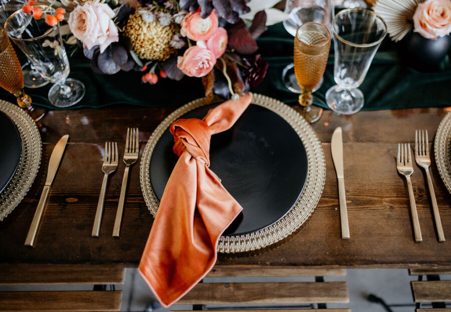 Orange and black wedding linens