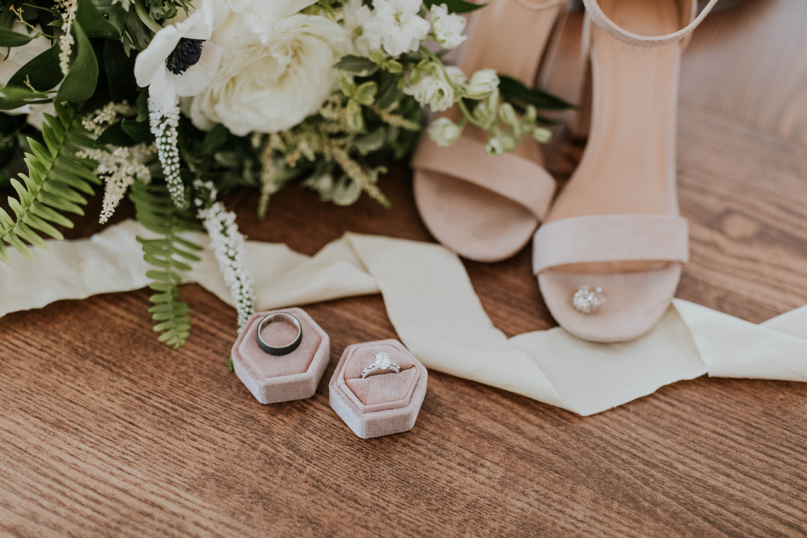 Neutral wedding shoes and velvet wedding ring box | Nashville Bride Guide