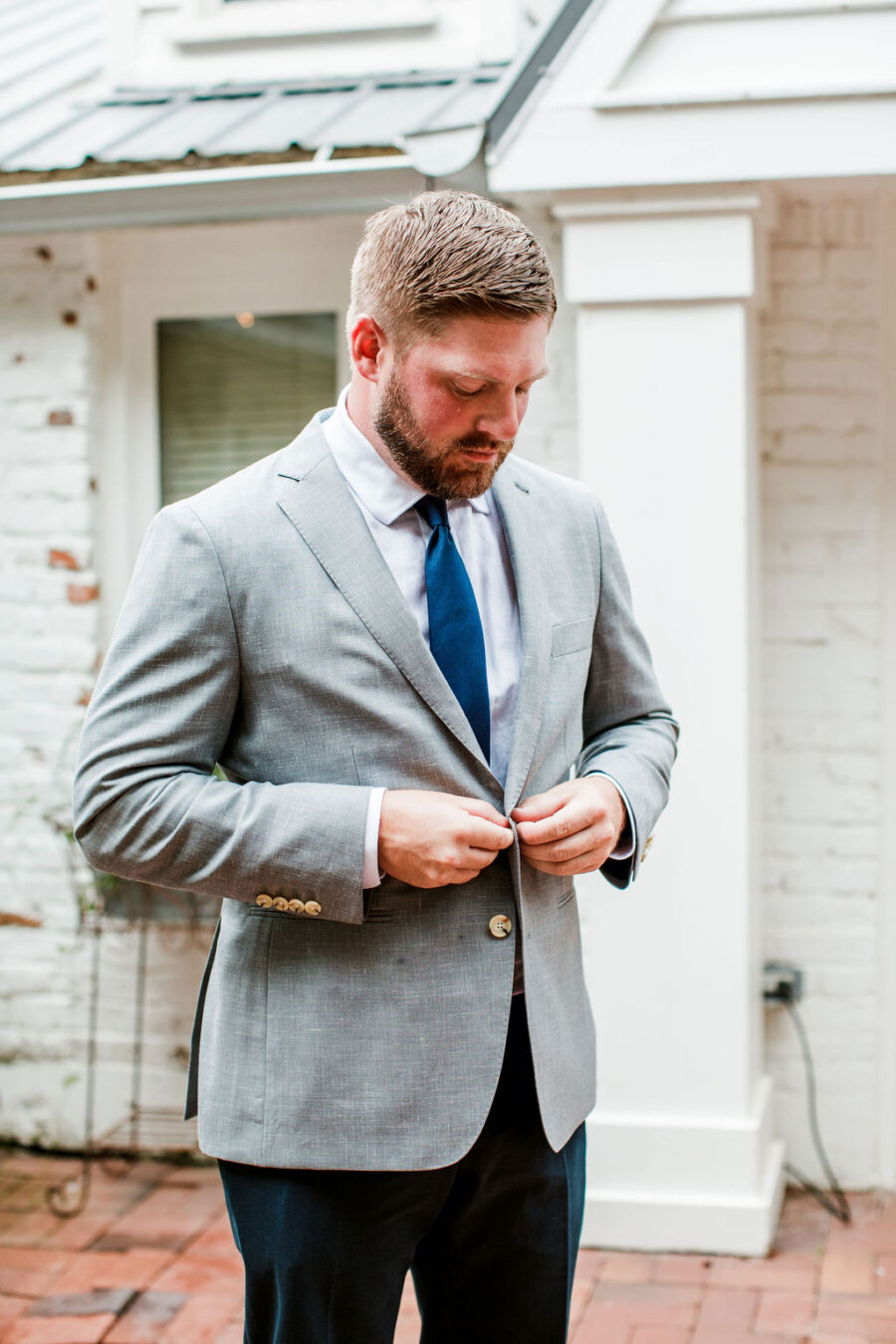 Gray Indochino tuxedo jacket with blue tie | Nashville Bride Guide