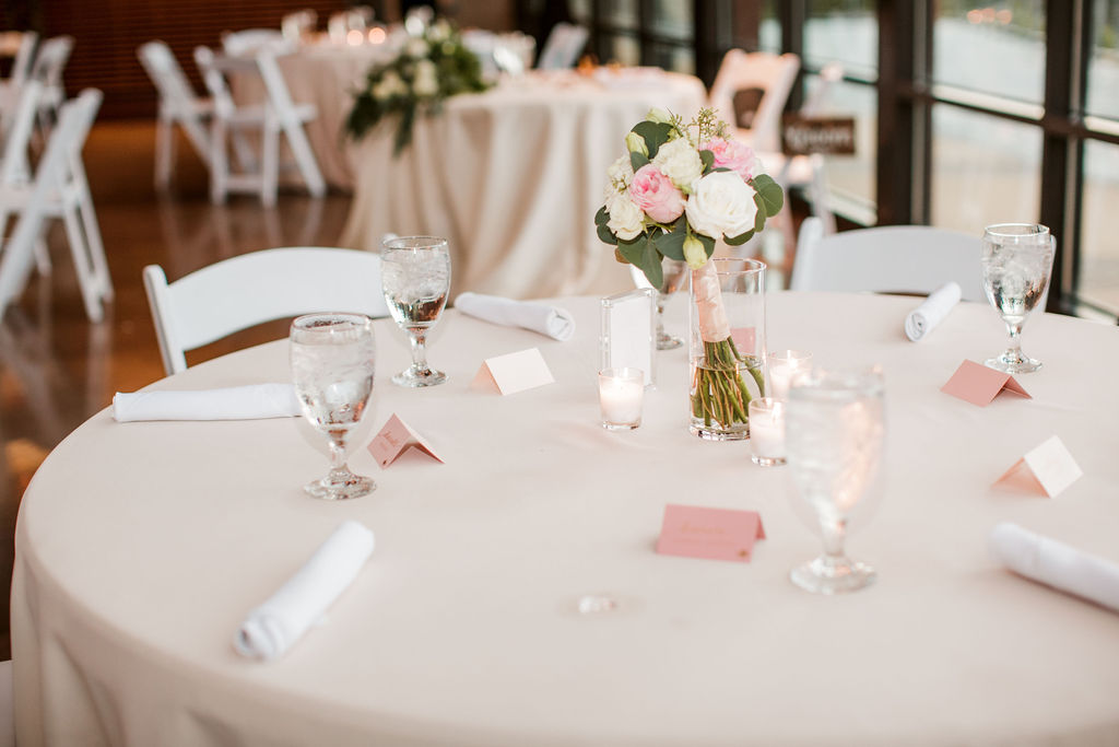 Pink and white wedding table decor | The Bridge Building