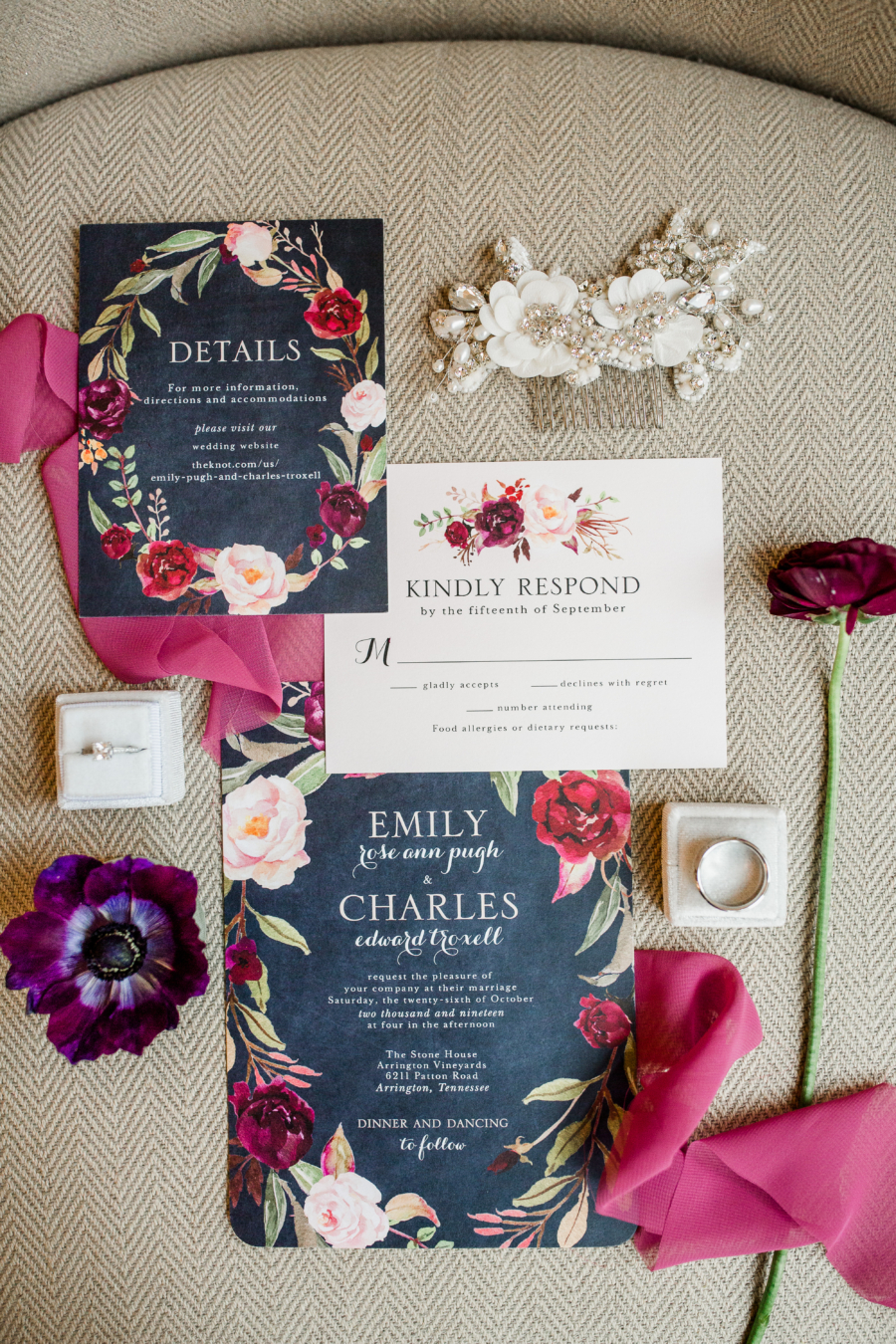 Red floral wedding invitation suite