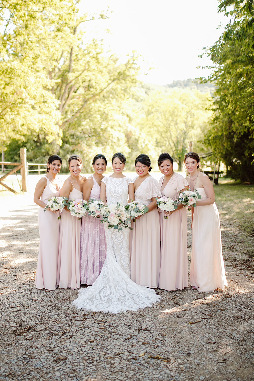 Long pink bridesmaids dresses