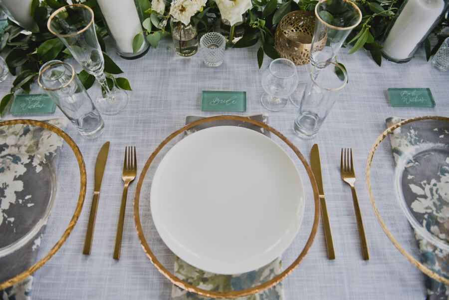Mint green and gold wedding table decor