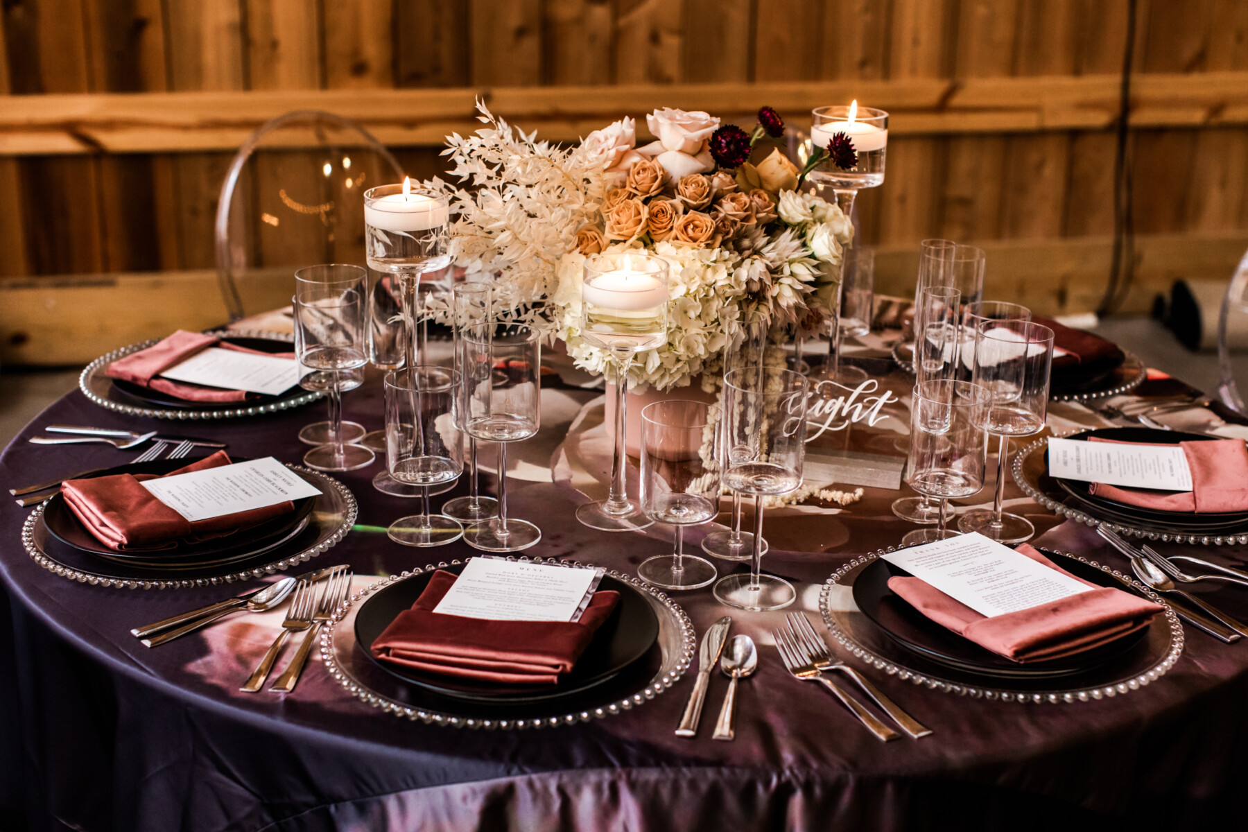 Modern barn wedding table decor