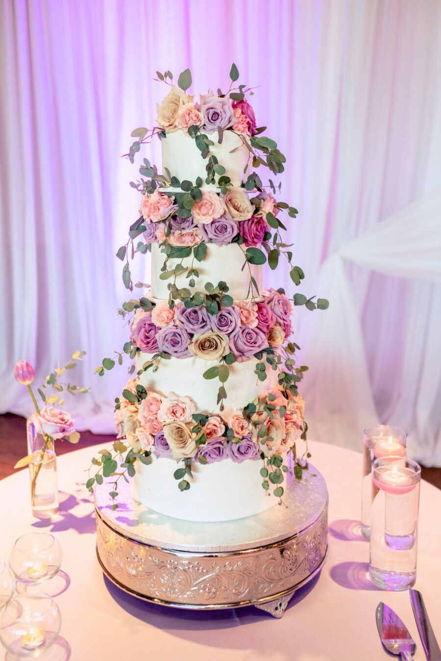 Purple floral wedding cake