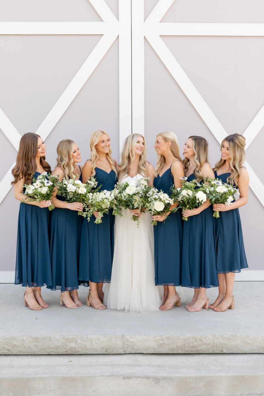 Tea-length bridesmaids dresses navy blue