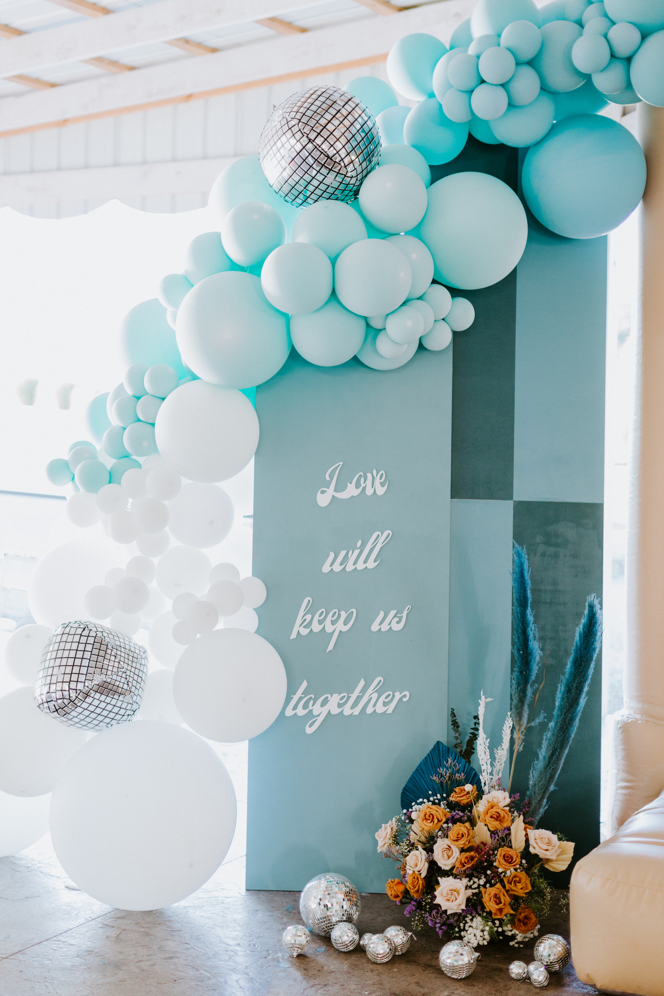 Retro Blue Wedding Sign and Balloon Arch