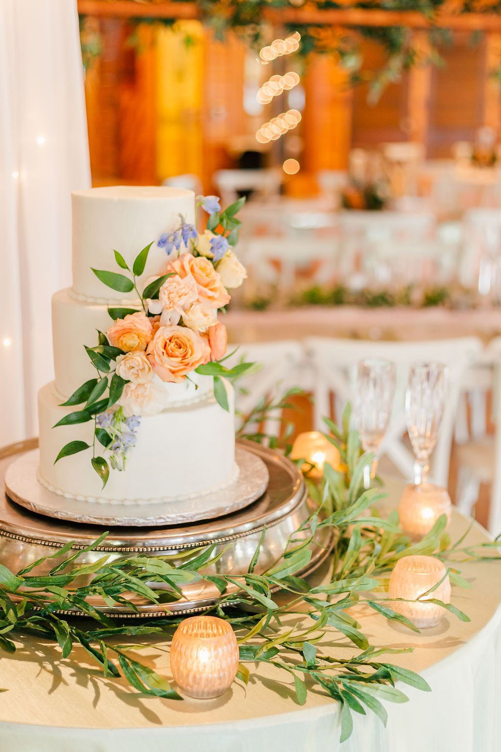 Wedding Cake with Cascading Peach Flowers